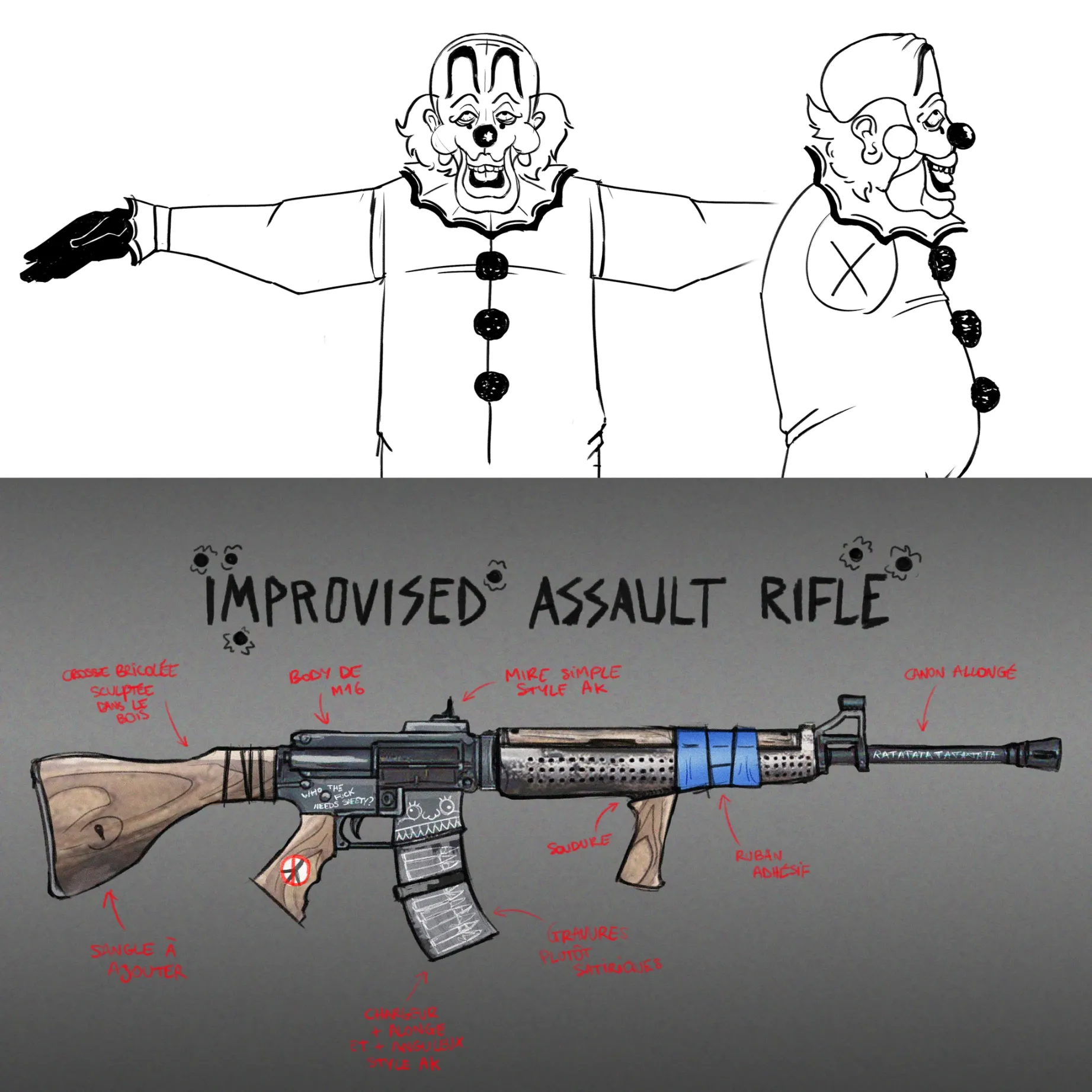 Concept du clown et d'une arme à feu sur laquelle je suis actuellement en train de travailler.